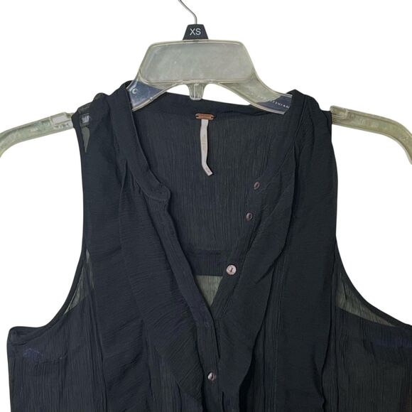 Free People Blouse Womens Medium Black Ruffle Button Front Sleeveless Boho Gauze - Picture 11 of 13